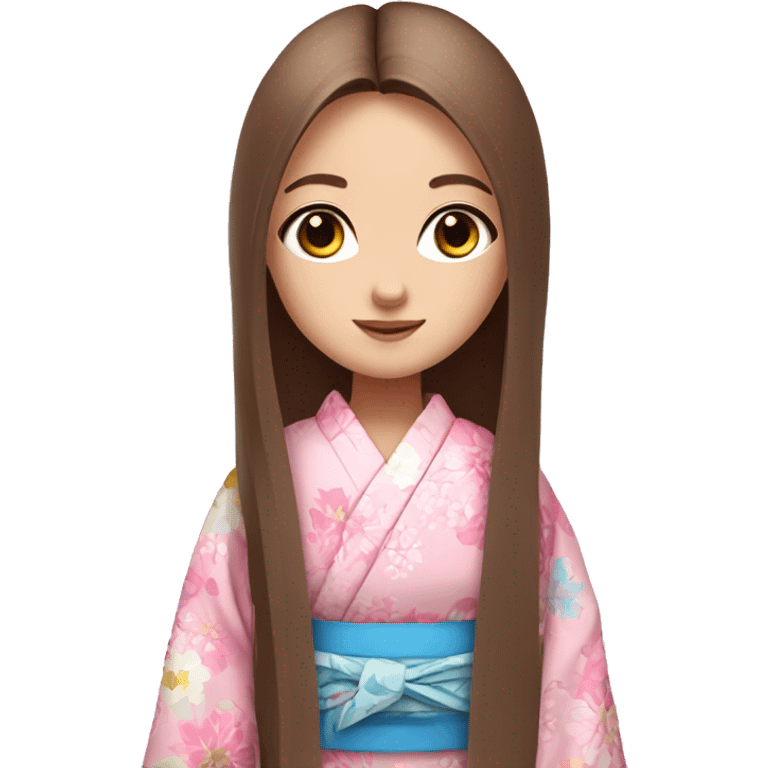 cute girl long brown straight hair and blue eyes in pink flower kimono emoji