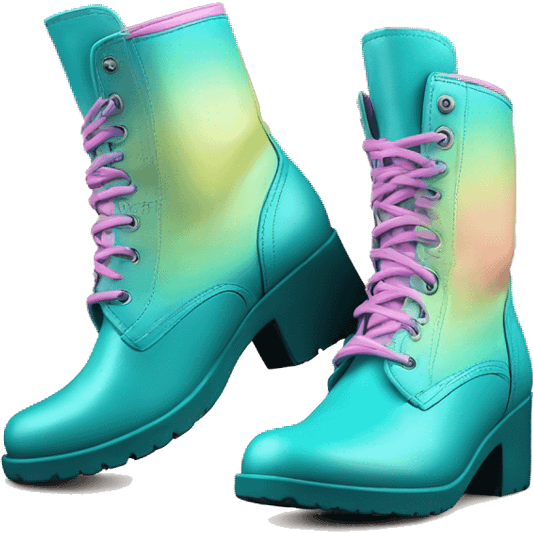 Hyper Realistic isolated side view of a pair of vintage 70's style teal,pastel pink,pastel purple,and yellow ombre bootie boots.  emoji