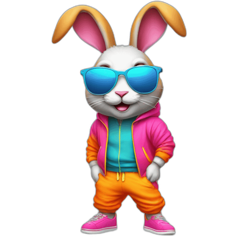 crazy rabbit in retro neon jogging suit and sunglasses, full body emoji