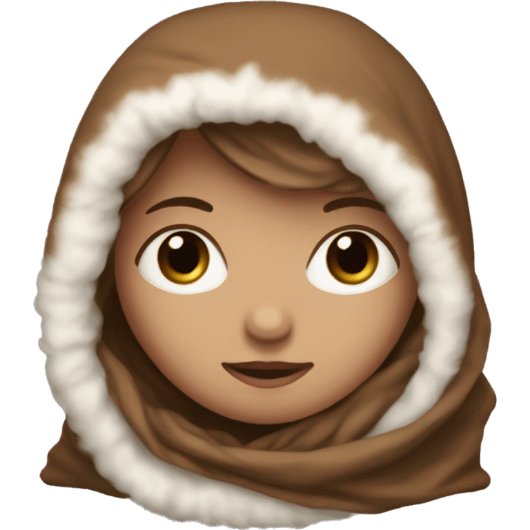 White girl with long brown hair wrapped in the fluffiest brown blanket emoji