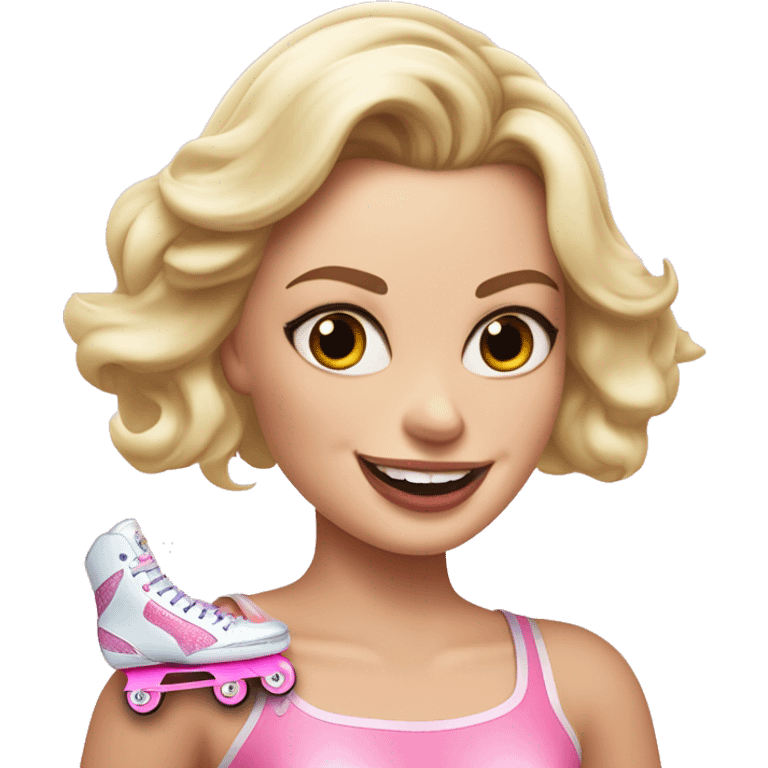 Margot Robbie roller skating with pink skates and pink ice scream in hand emoji