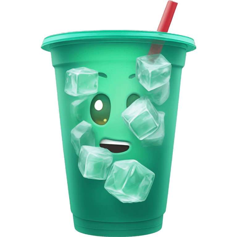 Realistic plastic cup and lid with Transluscent dark mint green and large ice cubes inside and one straw through the top of the lid. emoji