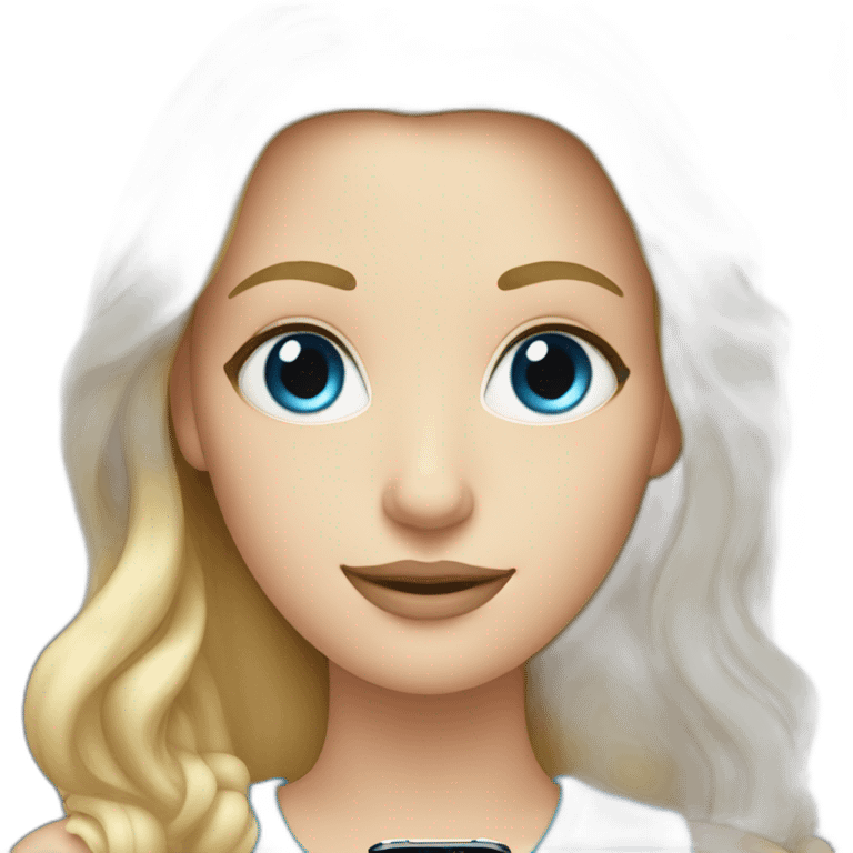 blonde tech reviewer with blue eyes holding an iphone emoji