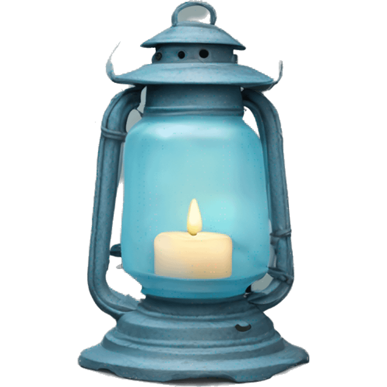 Realistic Single HD light blue rustic lantern with glass and lit candle inside. emoji