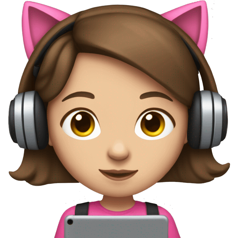 Brunette haired girl wearing pink cat headphones holding an ipad emoji