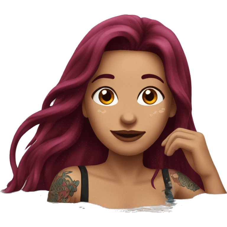 Beautiful tattooed  burgundy long haired woman swimming in a pool emoji