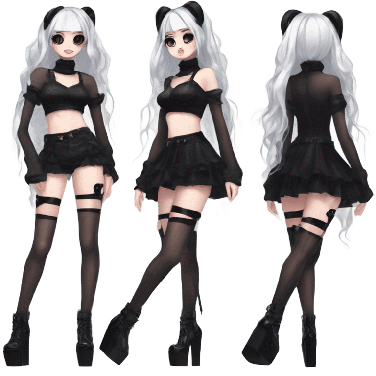  Anime goth girl in black patent platform high heel sandals and black sheer thigh highs with garter straps emoji