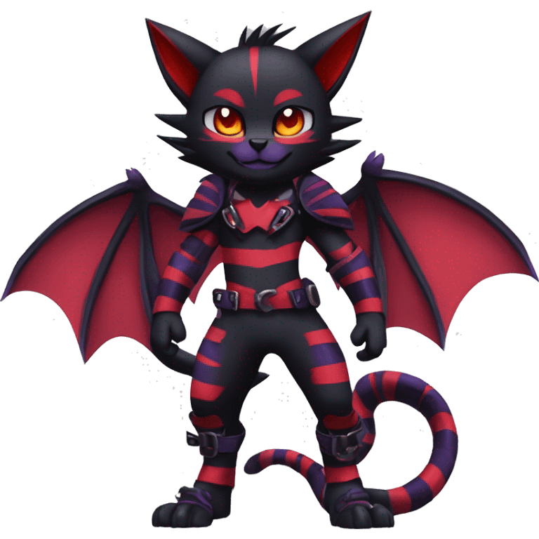 Black-Red-Purple Anthro Cool Punk Bat-Litten-Fakemon-fursona with fangs and stripes Full Body emoji