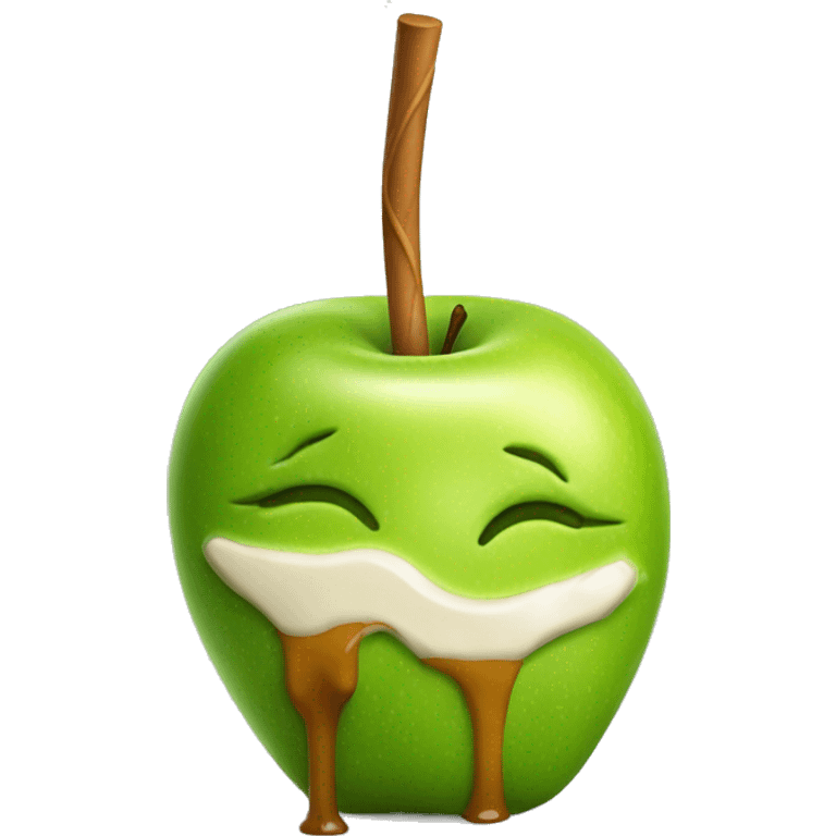 Realistic single green apple with caramel drizzled over it on a stick . emoji