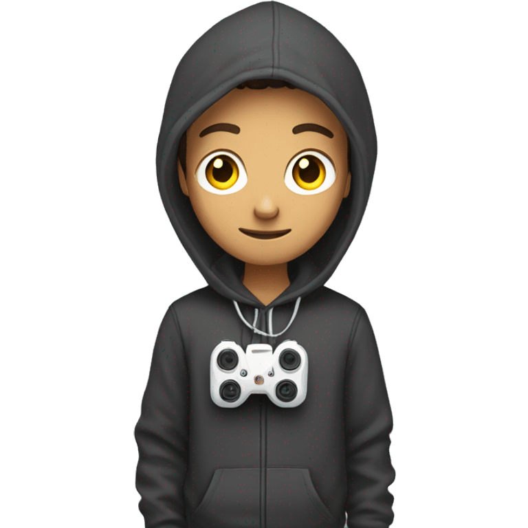 full body, male teenager in hoodie standing, holding a drone controller emoji