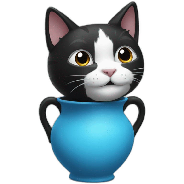 the head of a smiling black and white cat emerging from a blue vase emoji