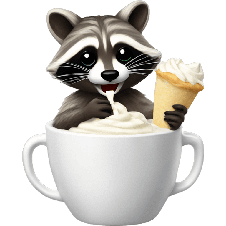 Raccoon eating whipped cream out of a cup emoji