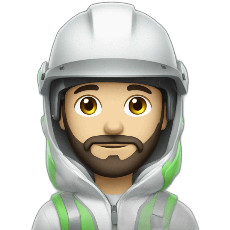 A young Mechanical engineer with a light black beard, a white helmet and a phosphorescent protection jacket emoji