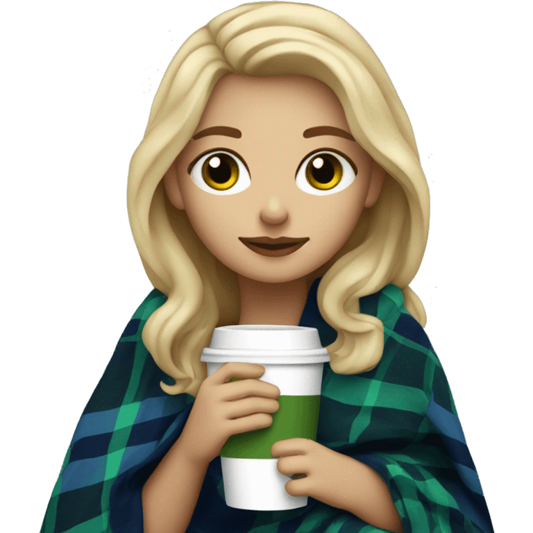 cute dirty blonde girl with green hazel wrapped in dark blue plaid blanket drinking coffeeemoji emoji