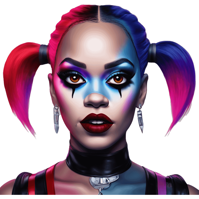 Synthwave Rihanna in Harley Quinn style, oil paint, mysterious eyes, intricate lips, masterpiece portrait, odd perspective, beautiful, desirable, logical emoji