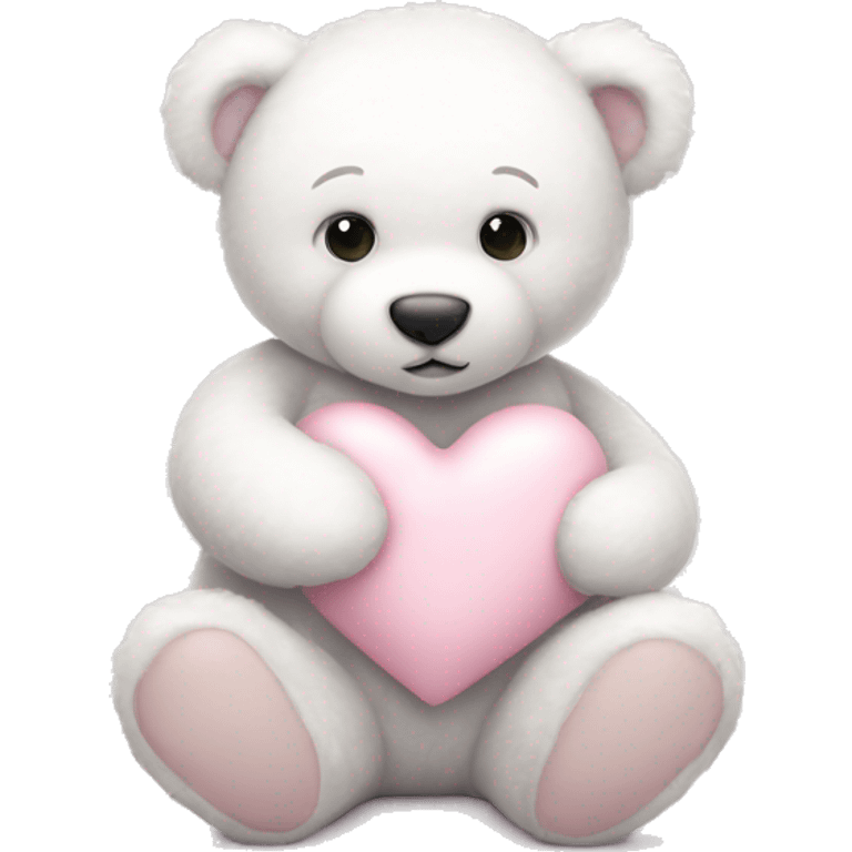 A cute, soft white teddy bear gently holding a pastel pink heart, exuding a sweet and gentle vibe.  emoji