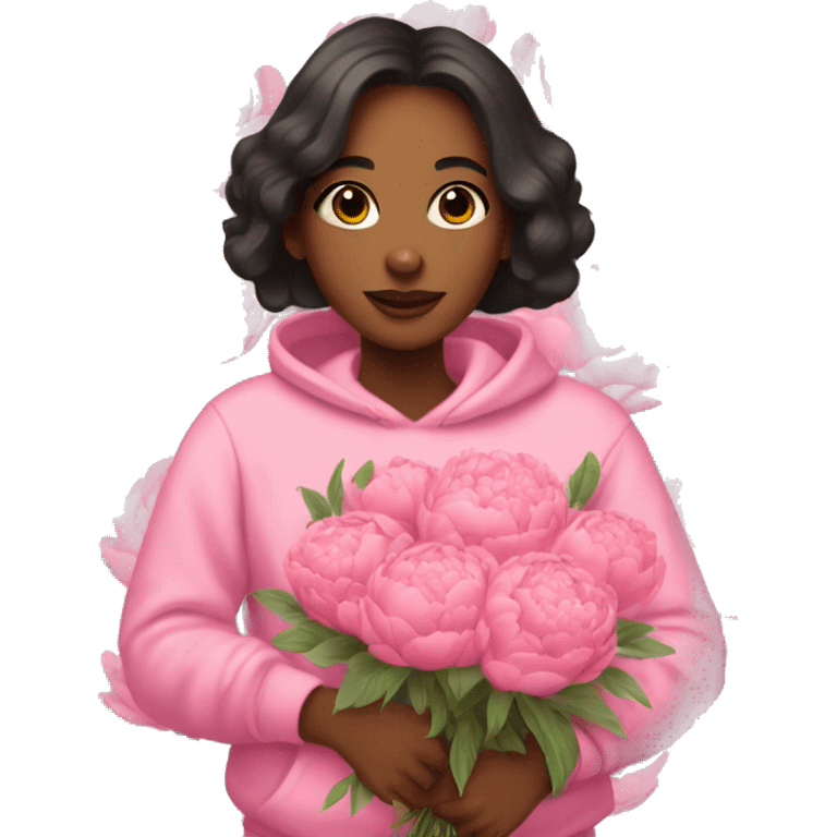 girl with dark straight  hair in pink sweatshirt Holds a bouquet of peonies emoji