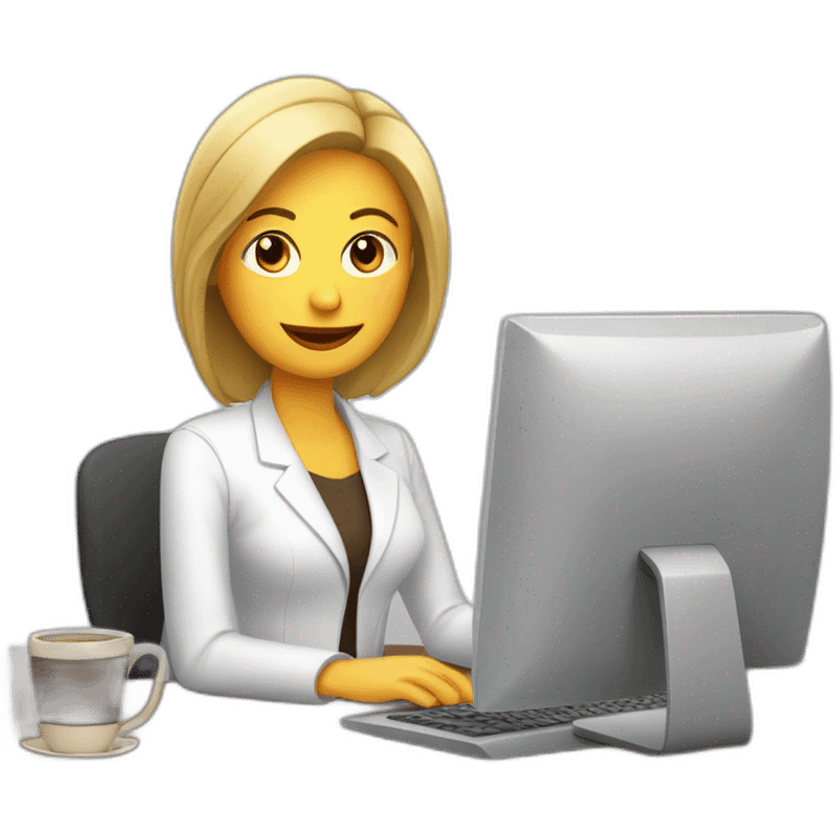 mujer blanca cachetona con cabello cafe e iluminaciones trabajando en el computador emoji