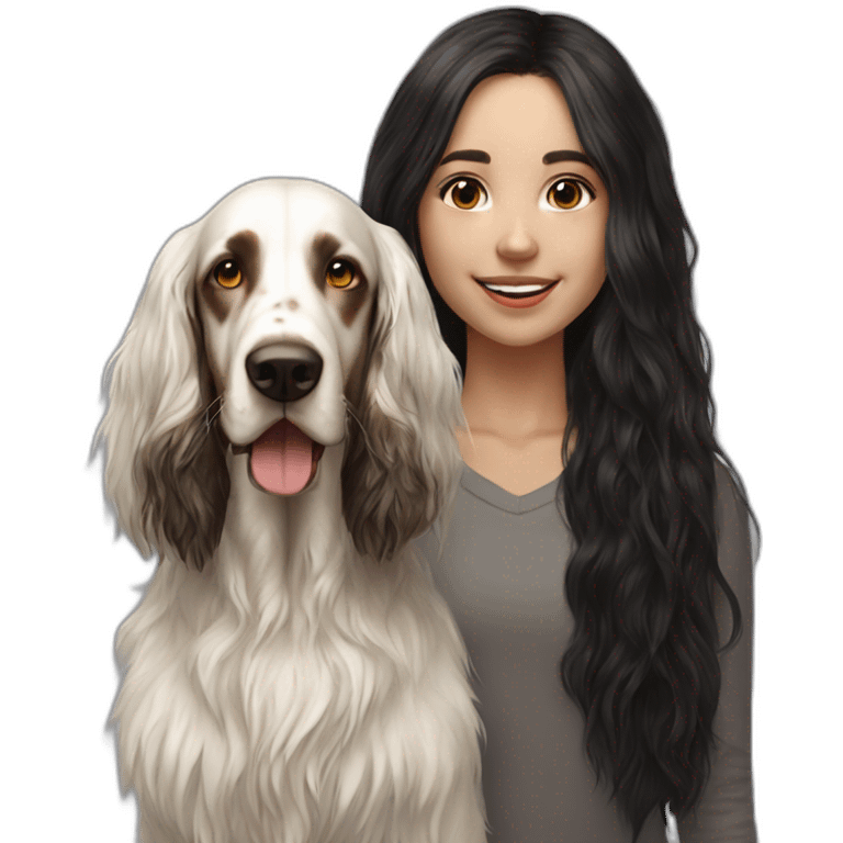 hyperrealist caucasian girl black long hair with brown english setter dog emoji