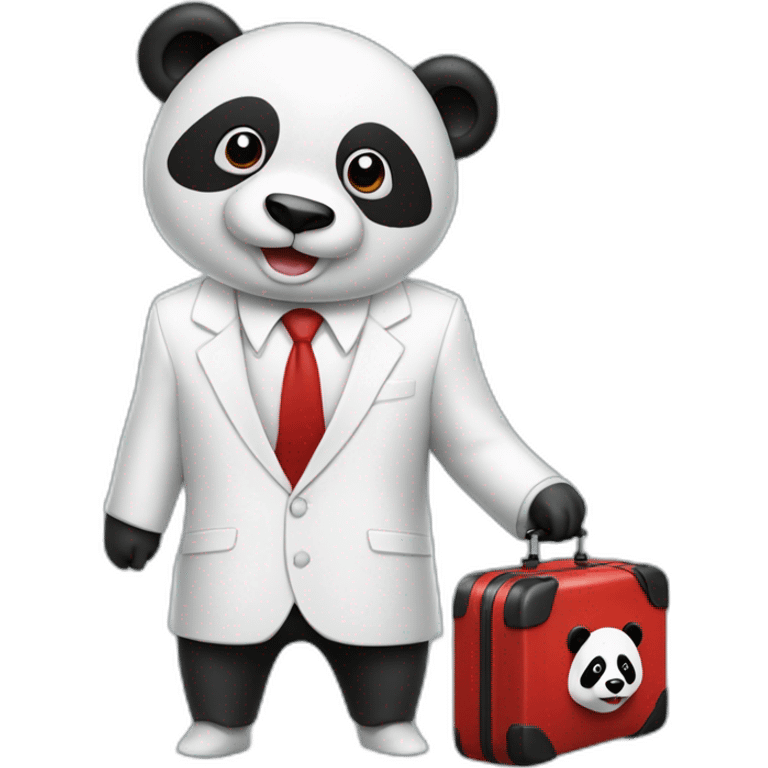 A man with white suit and red tie and a panda face eating a hotdog and holding a black suitcase emoji