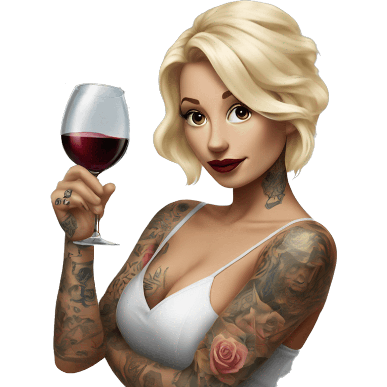 Blonde elegant women, her body covered with tattoos, wine in her one hand, pointing on you with her other hand , Hyper realistic emoji