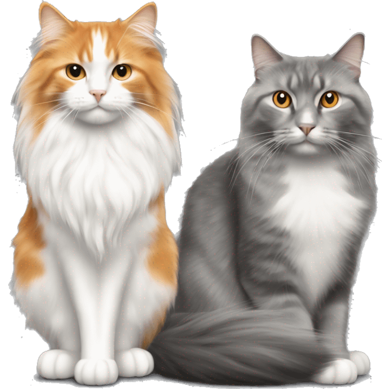 An orange and white long haired cat sitting next to a grey long haired cat emoji