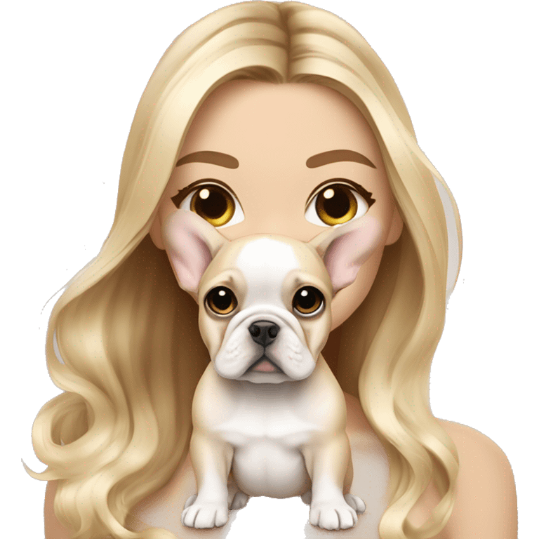 Blonde balayage long hair women with beige but whiter French bulldog puppy emoji