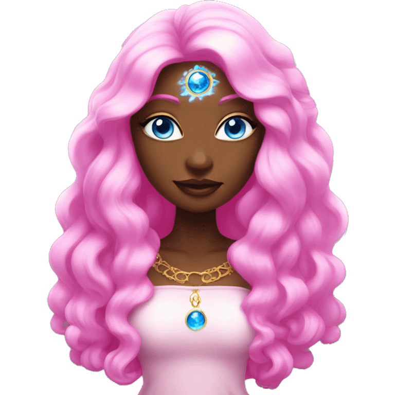 magical diva with pink andromedan skin long hair and blue eyes glowing third eye emoji