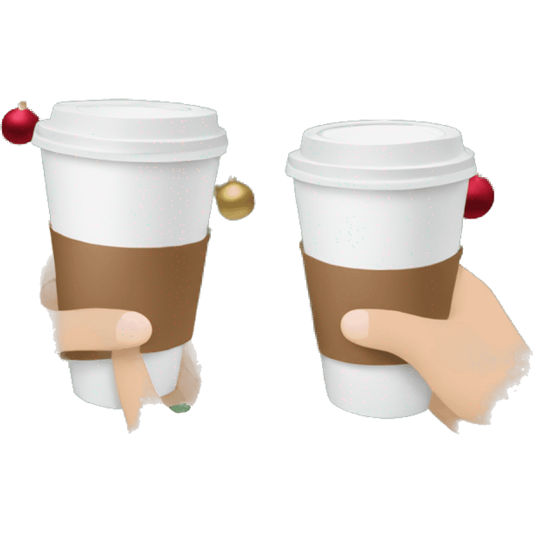 two hands holding paper coffee cups on a photo of a Christmas tree emoji