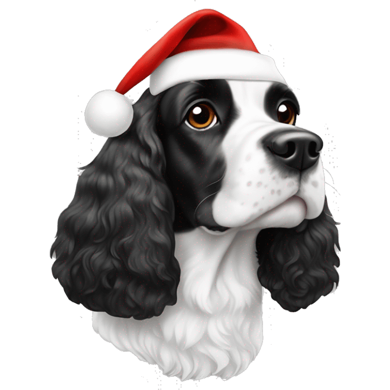 black and white trimed english cocker spaniel with spots on nose and black ears and santa hat emoji