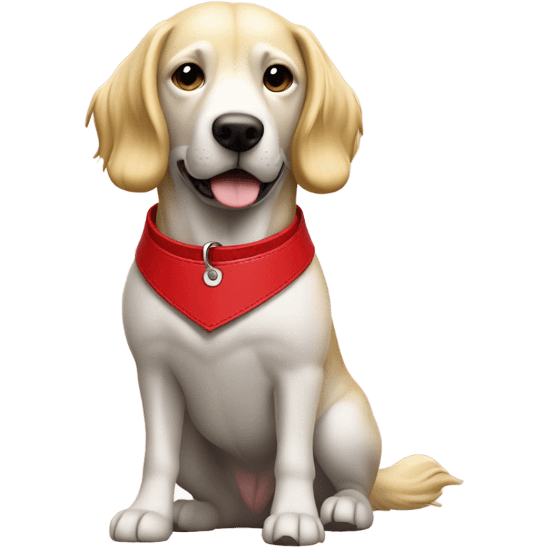 Put a Red leather dog collar and golden tag on a blond white female with medium length hair and add a red leash emoji