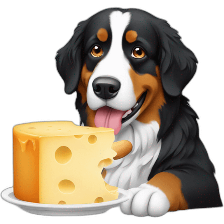 Bernese mountain eating swiss fondue cheese emoji