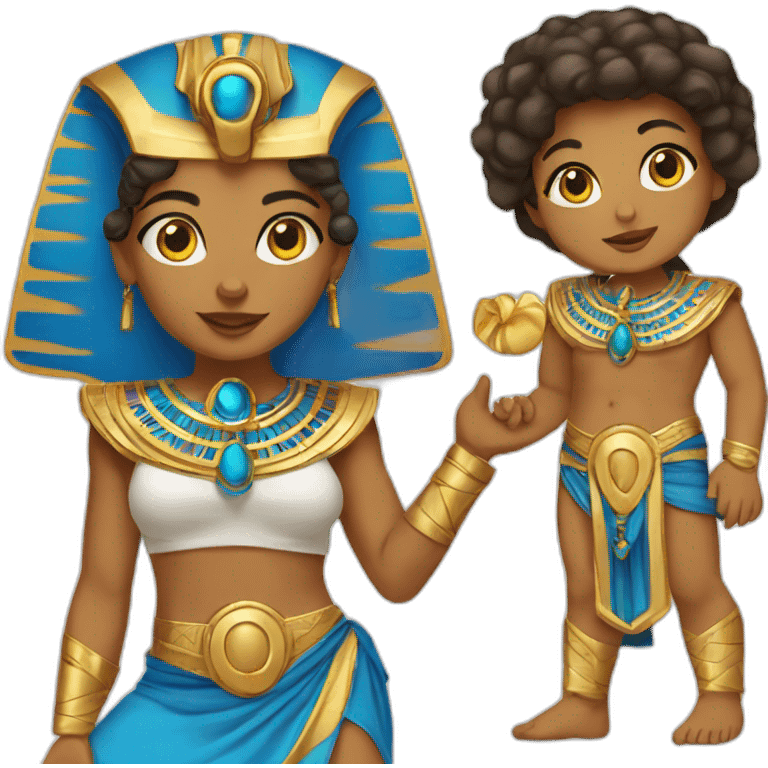 Egyptian female pharaon playing with a baby, tanned skin, golden blue costume emoji