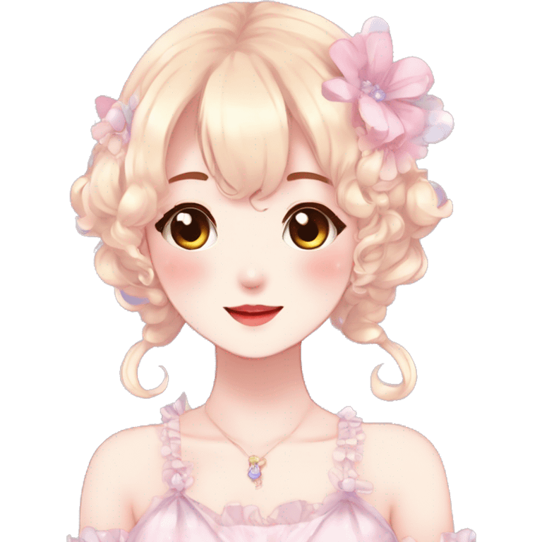 Gorgeous anime style lady with blushing face and accessories cottagecore fairycore Kawaii anime colorful pearly romantic aesthetic trending style emoji