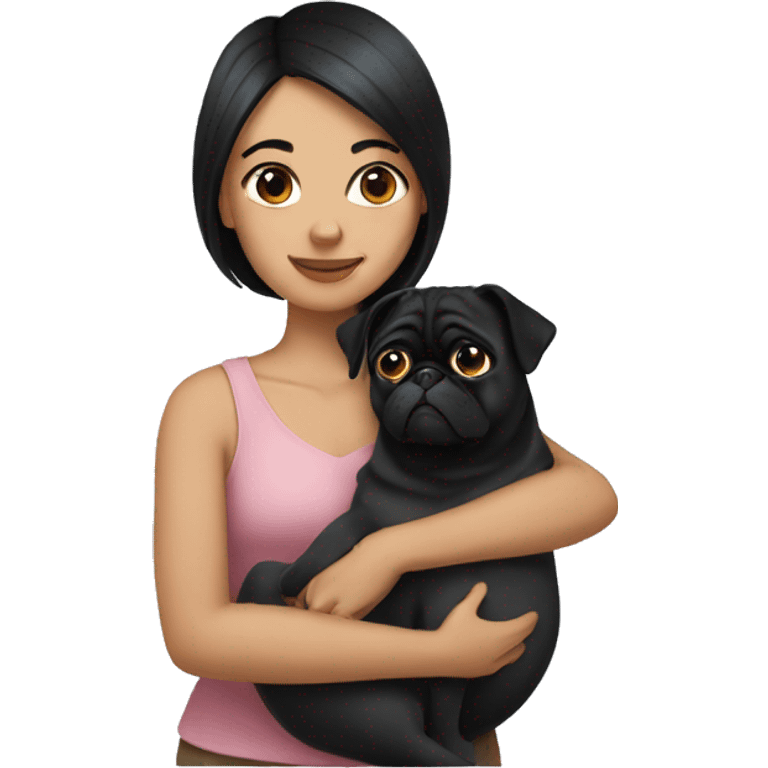 woman hugging a pug long black hair emoji