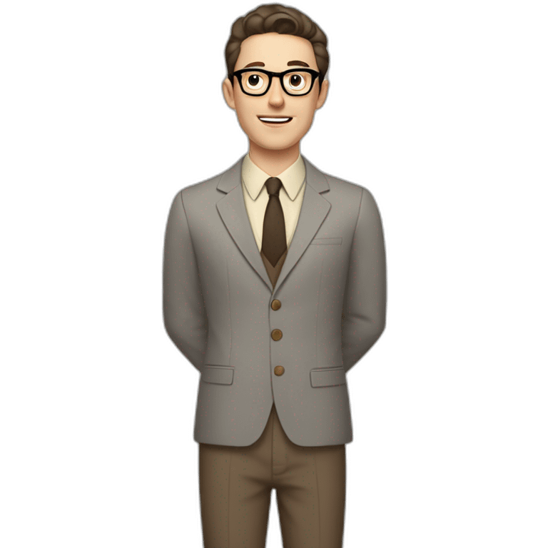 Full height Pale skinned Fit Man With dark brown hair in gray jacket, beige office shirt, tie, Brown pants and vintage glasses. Thrumbs of his palms directed up emoji