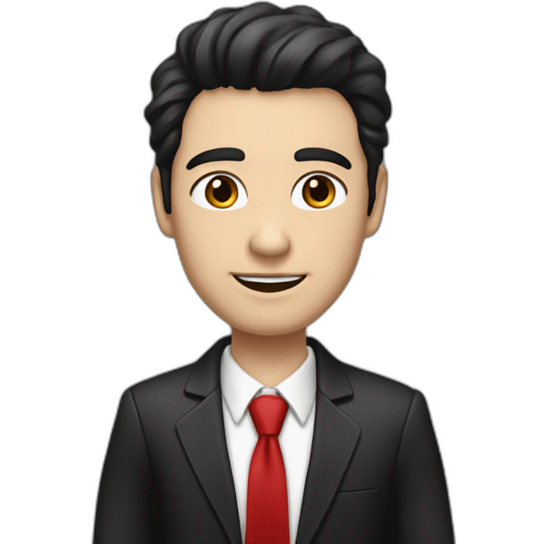 man white skin, black hair, brown eyes, black jacket with red tie. speek with client emoji