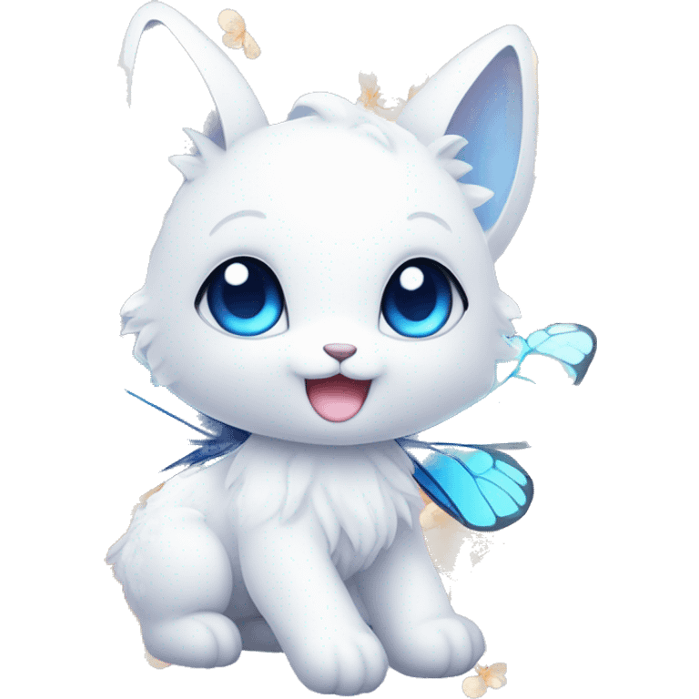 Edgy Cute Cool Kawaii gorgeous sparkly ethereal white fantasy animal with blue eyes sona with flowers and butterflies emoji