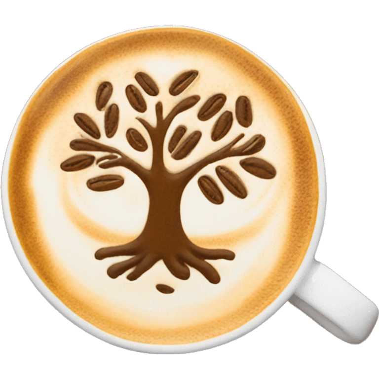 beautiful latte art cup coffee, tree, heart, text "ballymanus" emoji