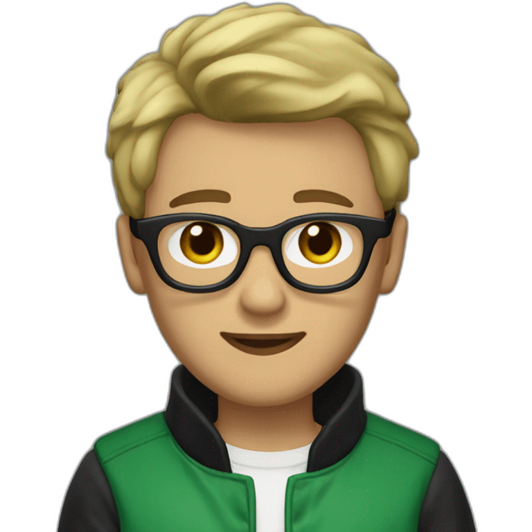 guy with black glasses dirtyblonde short hair with green letterman jacket and brown sleeves emoji