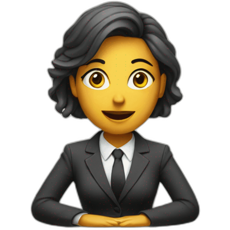 Woman wearing a suit sitting on the table telling the news towards the camera emoji