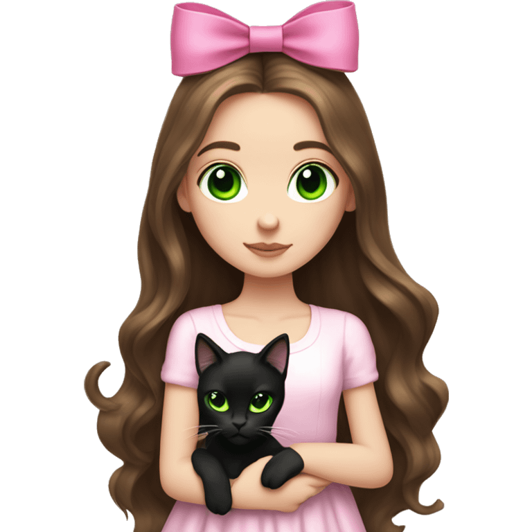 pale brunette girl with long brown hair with bright green eyes holding black cat pink bow emoji