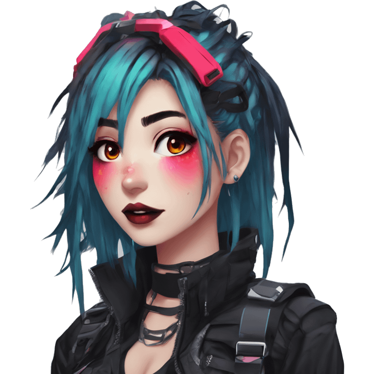 Gorgeous bright colorful neon gothic techwear anime style lady with blushing face aesthetic and pretty edgy black red punk messy hair with collar and harness trending style emoji