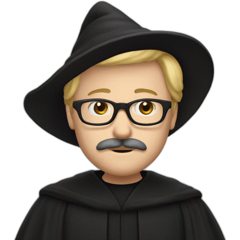 A man with blond hair and a mustache, wearing a black squared shaped eye glasses, wizard hat, black  robe emoji