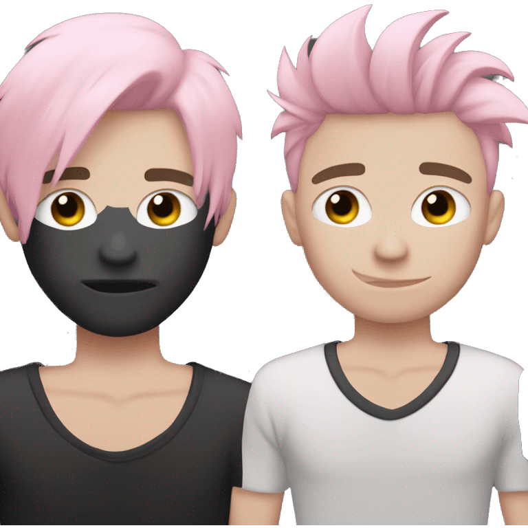 Create an emoji of an emo guy with split-dyed hair—one side pastel pink and the other side black. The hair should have a slightly messy, choppy texture, and the character should have a subtle, sad expression, wearing dark clothing typical of emo fashion emoji