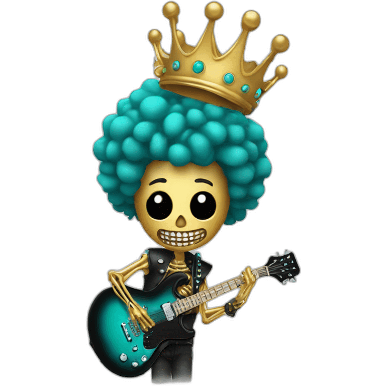 Soolking brook ;black affro cut ;turquoise electric guitar;golden crown ;skeletal face emoji