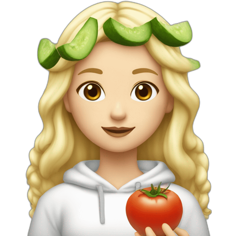 blonde girl  eating  cucumber and tomatoes with white hoodie iridescent and a crown princess emoji