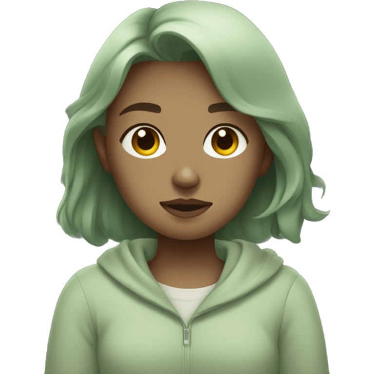 Aesthetic Sleepy-looking cute girl in sage green clothes emoji