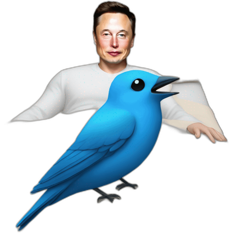 Elon Musk in a bed with the blue bird of Twitter with an X on it emoji