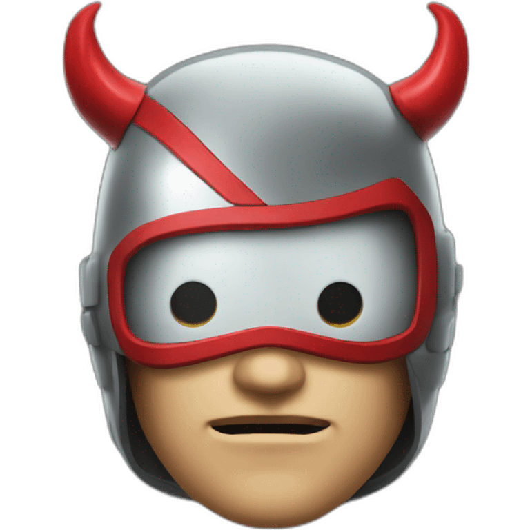 Blind superhero head with red helmet that has dark red eye holes that has horns emoji